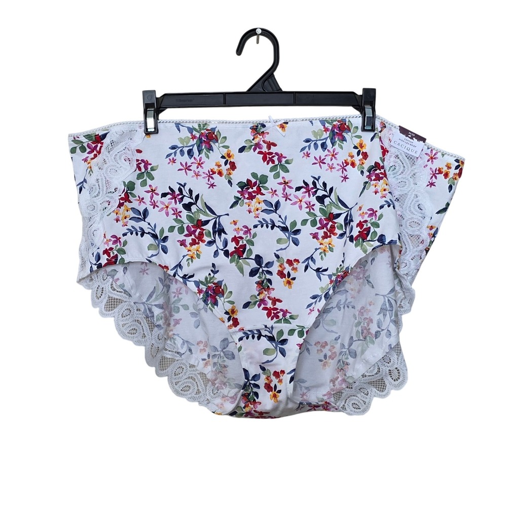 Cacique White Floral Cotton High-Leg Brief Panties Lace Trim Plus Size 30/32 NWT